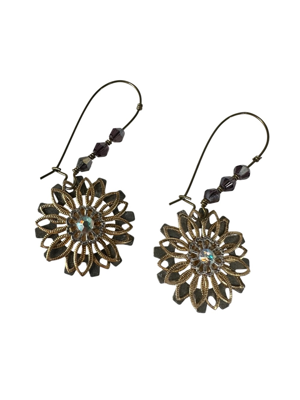 Gold Tone Metal Flower Sunburst Dangle Style Earrings Rhinestones & Beads / Boho